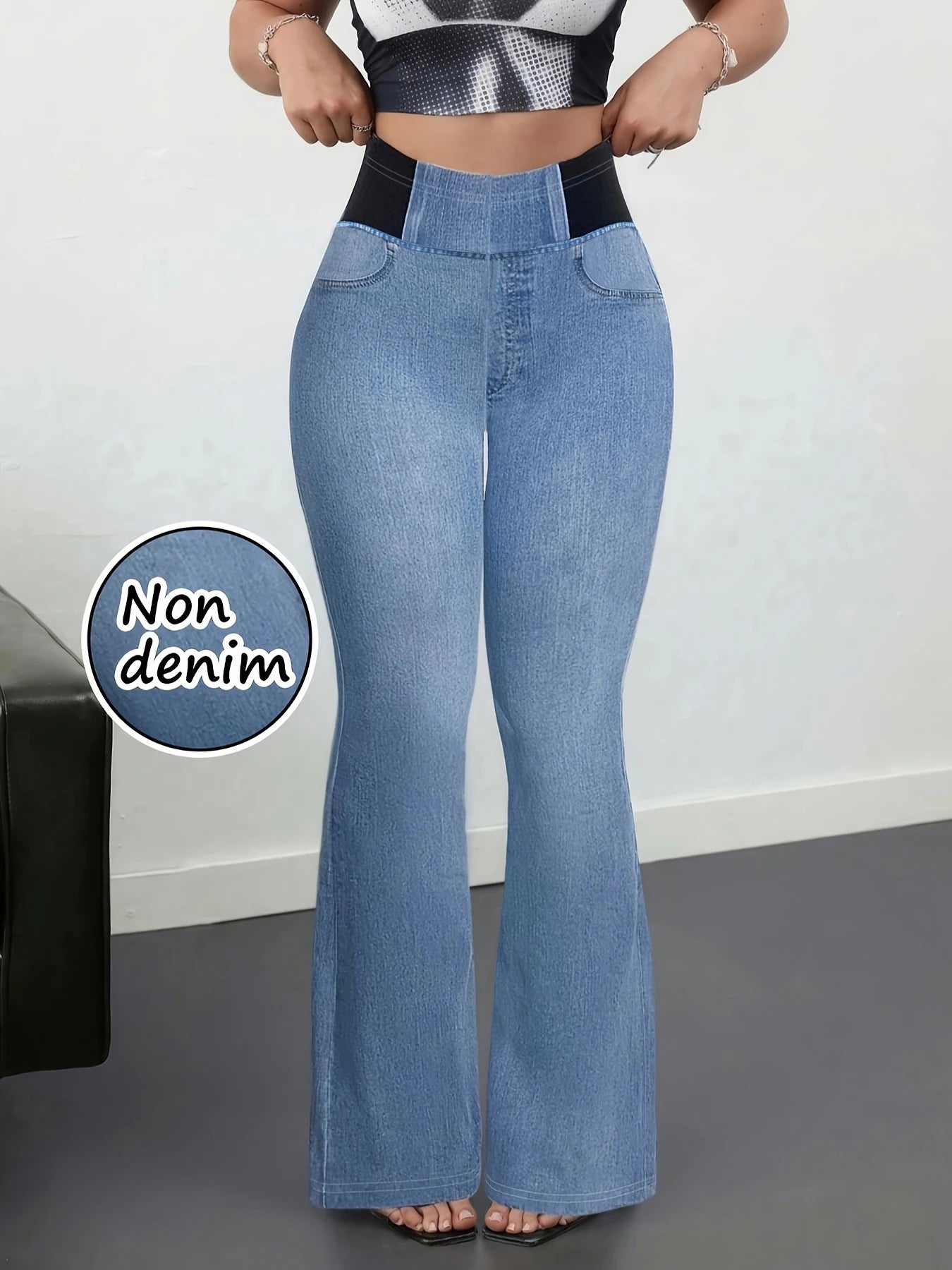 Sommarleggings Denimmönster Utsvängda byxor Yoga Långbyxor Fukttransporterande Mjuka Andningsbara Mode Streetwear