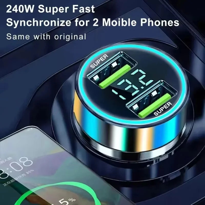 240W Billaddare Snabbladdning 2 USB-portar Adapter för iPhone Samsung Xiaomi Snabbladdningsladdare med Digital Display