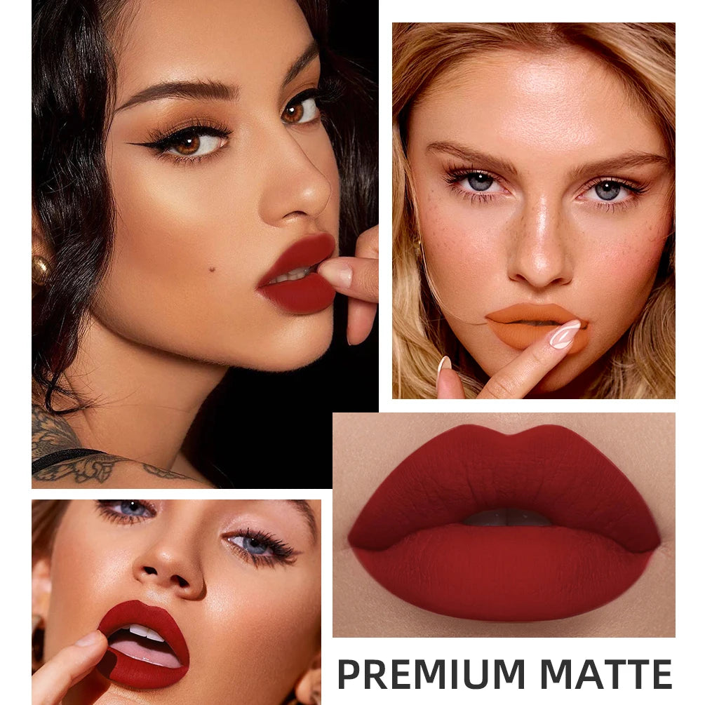 QIBEST Sexigt Rött Matt Läppglans Långvarigt Sammet Flytande Läppstift Läppmakeup Kvinnor Skönhet Nonstick Kopp Vattentätt Läppglans Hett