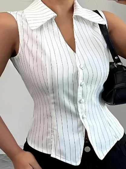 Blouse Women Vertical Stripes Collar V Neck Sleeveless Fitted Button Split Hem Sexy Office Commuter Spring Summer White Gray