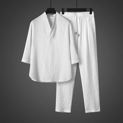 2025 Sommar Ny Modetrend Enfärgad Issiden Andningsbar Tvådelad Herr Fritids Lös Sport Plusstorlek Högkvalitativ Kostym