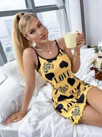 Sexig Spaghetti Strap V-ringad Nattlinne Dam Nattlinne Sommar Lös Bomull Nattlinne Kvinnlig Söt Tryck Sovklänning Lätt Sovplagg
