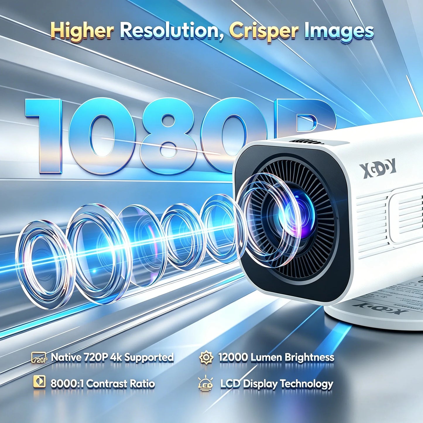 XGODY 4K 1080p LED-projektor med 12000 lumen ljusstyrka, WiFi 6 Bluetooth 5.0 bärbart hemmabiosystem för underhållning