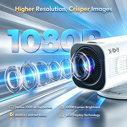 XGODY 4K 1080p LED-projektor med 12000 lumen ljusstyrka, WiFi 6 Bluetooth 5.0 bärbart hemmabiosystem för underhållning