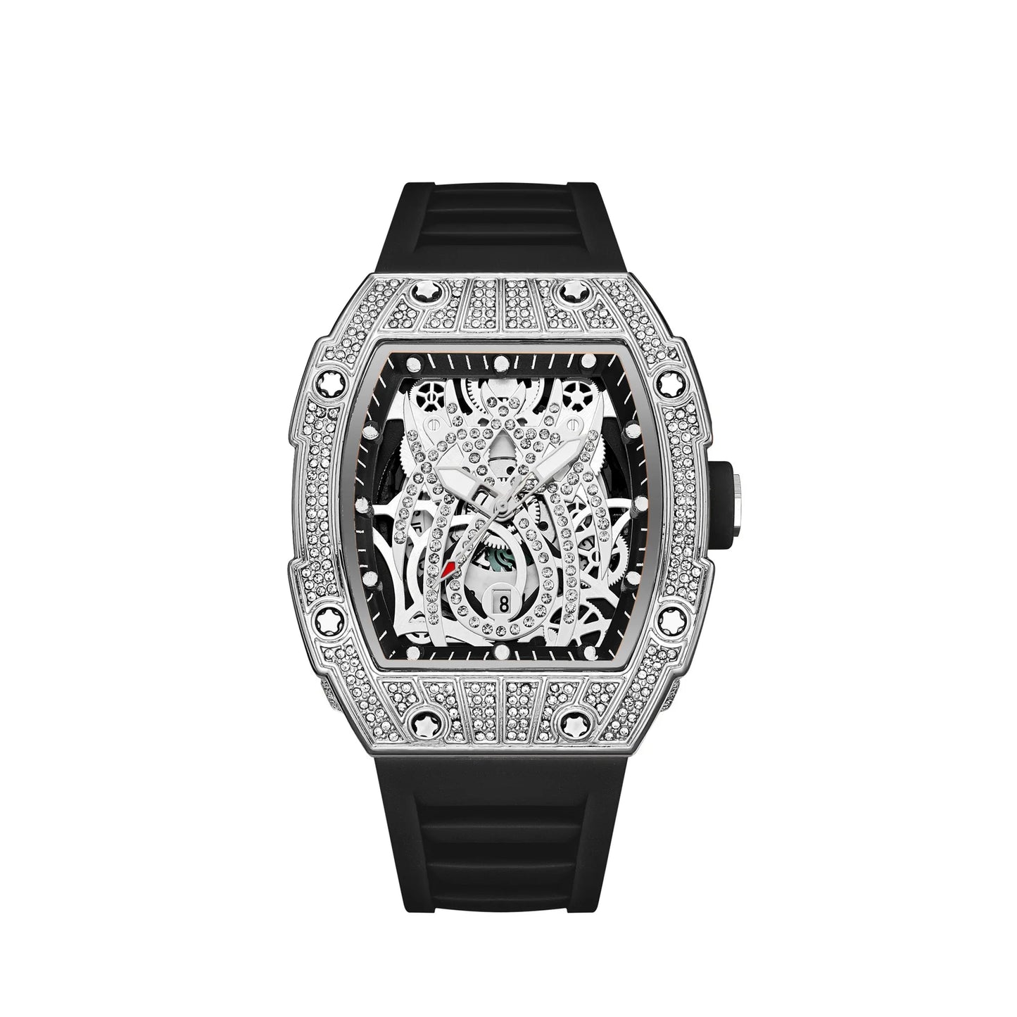 Mode Tonneau Hollow Full Diamond Gravyrhuvud Quartz Klocka Herr Lyxig Lysande Vattentät Datum Klockor Herr Stål Herrklocka