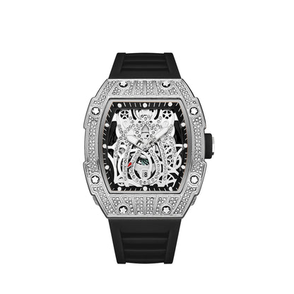 Mode Tonneau Hollow Full Diamond Gravyrhuvud Quartz Klocka Herr Lyxig Lysande Vattentät Datum Klockor Herr Stål Herrklocka