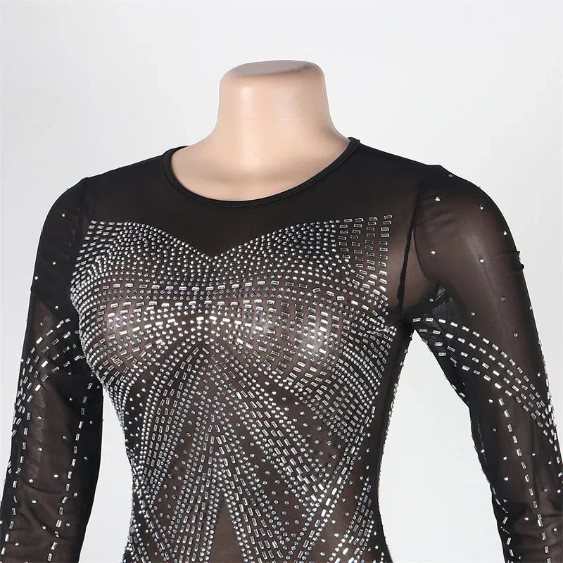 Lyxig glittrande kristall strass sjöjungfru aftonklänning för kvinnor festklänning nattklubb mesh transparent bodycon maxiklänning elegant