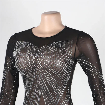 Lyxig glittrande kristall strass sjöjungfru aftonklänning för kvinnor festklänning nattklubb mesh transparent bodycon maxiklänning elegant