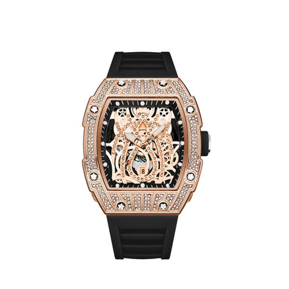 Mode Tonneau Hollow Full Diamond Gravyrhuvud Quartz Klocka Herr Lyxig Lysande Vattentät Datum Klockor Herr Stål Herrklocka