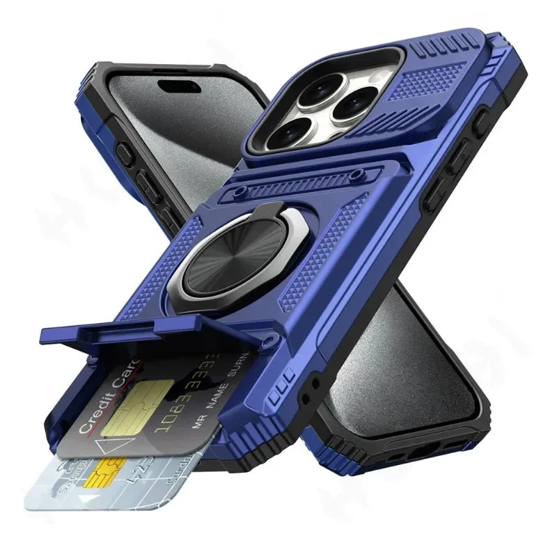 Militärkvalitetsskal för iPhone 11 13 14 15 16 Pro Max Magnetiskt roterande ringstativ Robust fallskyddande plånboksfodral