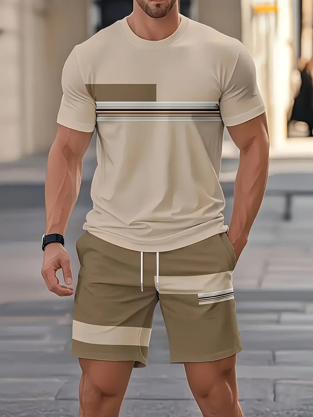 Avslappnad randig mönstrad t-shirt shorts set stor storlek lös herr kortärmad t-shirt med elastisk midja shorts 2-delat set sportkläder