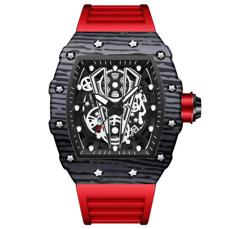 BINBOND Märke Herrklocka Domineering Barrel Watch Böjd Spegel Ihålig Yta Sport Herrklocka Silikon Quartz Armbandsur B8577