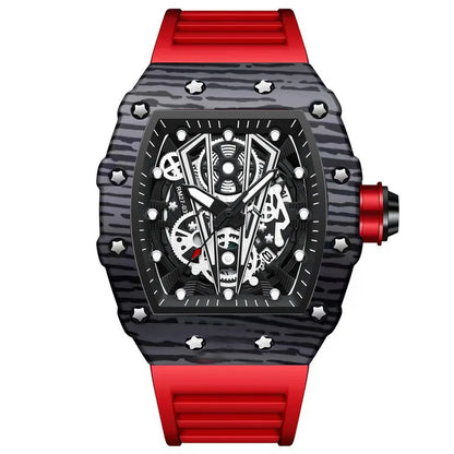BINBOND Märke Herrklocka Domineering Barrel Watch Böjd Spegel Ihålig Yta Sport Herrklocka Silikon Quartz Armbandsur B8577