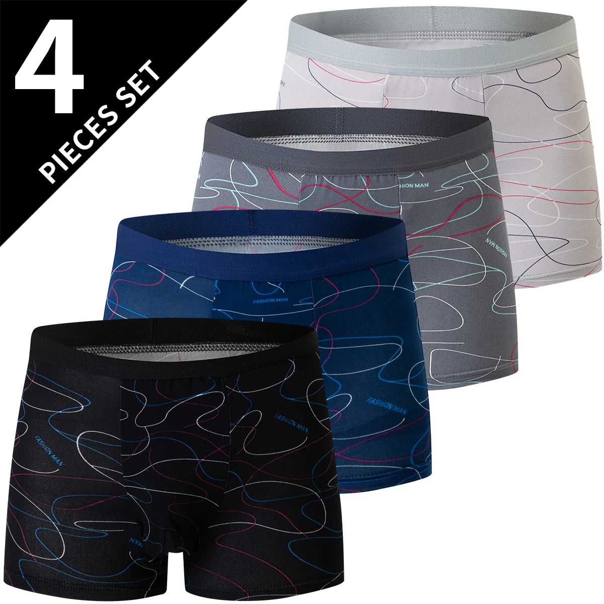 4-pack HERR Enfärgade Sexiga Boxershorts i Europa och Amerika, Antibakteriella, Andningsbara, Plusstorlekar, Herrshorts