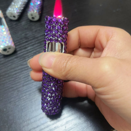 Lyxig mini uppblåsbar tändare med strass, vindtät metall, rosa låga, bärbar tändare för män och kvinnor, små verktyg