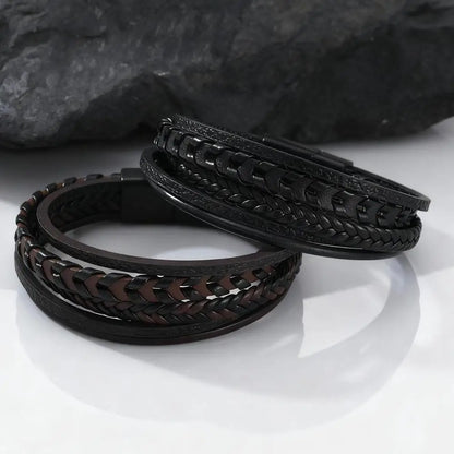 Flerskiktade flätade reparmband för män, klassiskt handgjort PU-läderarmband med magnetiskt spänne, trendiga punksmycken