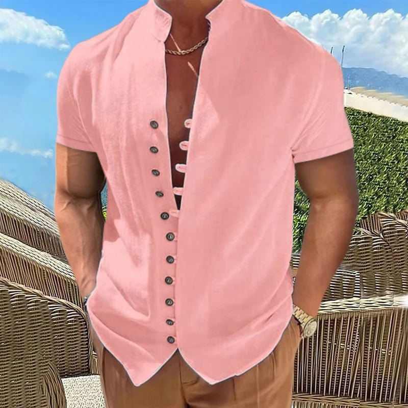 Sommar Kortärmade Skjortor För Herr Vita Formella Skjortor Sociala Kläder Casual Bomull Linne Toppar Strandblusar Herrkläder
