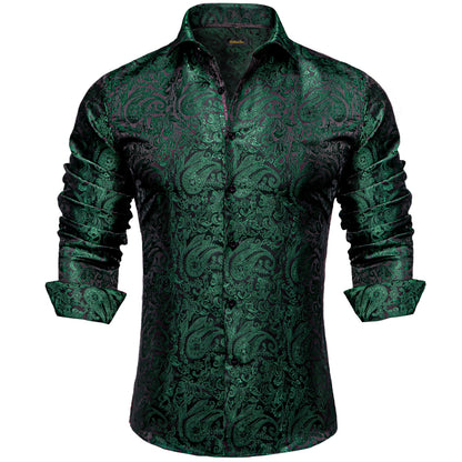 2026 Lyxig Herrskjorta Formell Bal Smoking Långärmad Siden Polyester Gyllene Färg Paisley Svarta Skjortor Blus Herrkläder