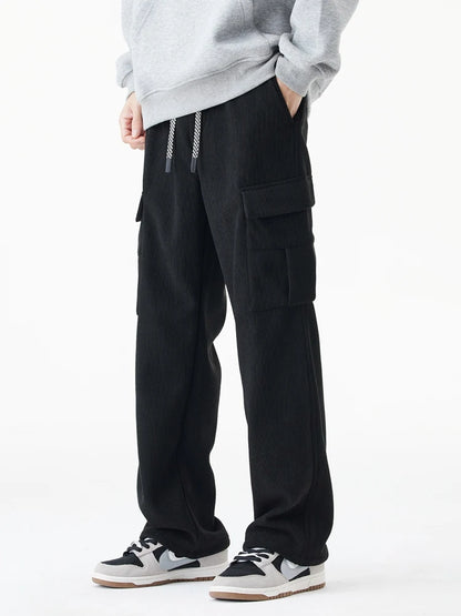 Vinter Corduroy Sweatpants Herr Flerfickor Fleecefoder Stickade Cargobyxor Tjockare Varma Casual Lösa Raka Herrbyxor
