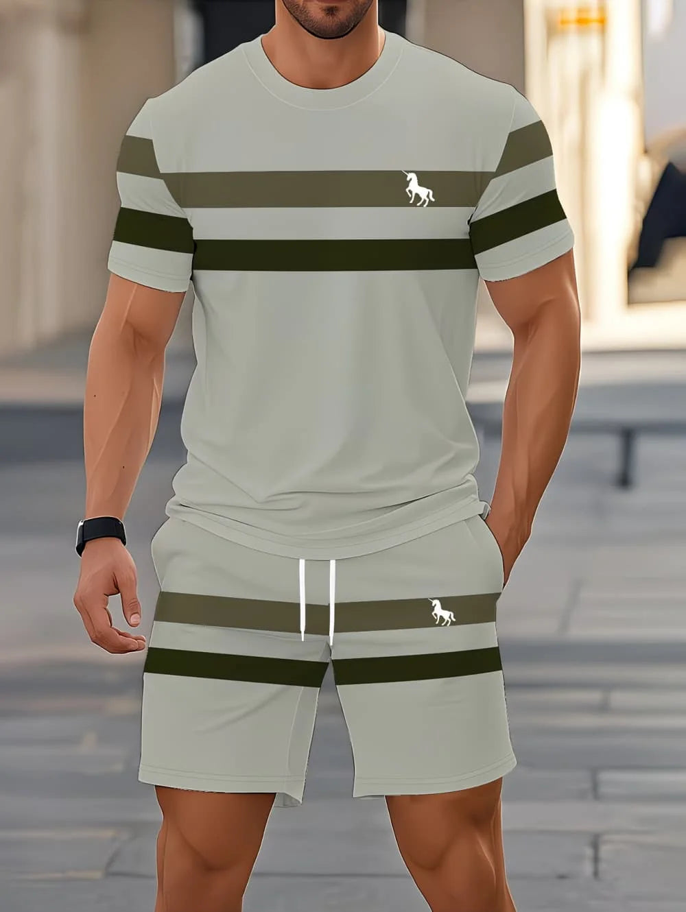 Avslappnad randig mönstrad t-shirt shorts set stor storlek lös herr kortärmad t-shirt med elastisk midja shorts 2-delat set sportkläder