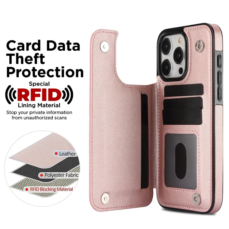 Kortfack Flip Läderfodral För iPhone 16e 15 Pro Max 14 13 12 11 SE 3 2 XS XR 8 7 Plus Plånbok Dubbelknapp Litet Doftande Vind