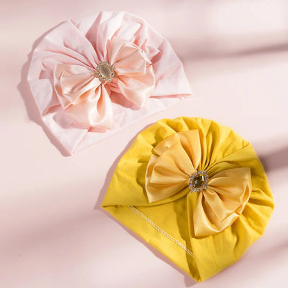 Enfärgad Baby Turban Rosett Bling Strass Spädbarnsmössor Flicka Mössa Mode Handgjord Band Rosett Indisk Mössa Mjuk Huva 0-2År