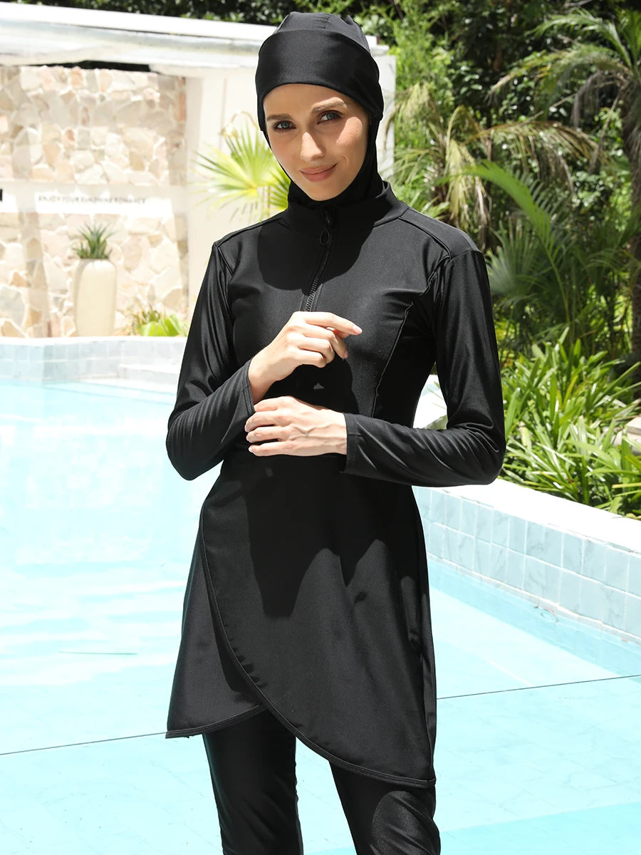3 st Black Series Modest Burkini Femmes Muslimsk Baddräkt Badkläder Sommarstrand Dam Baddräkt Lotusbladskantdesign