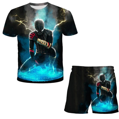 Kids Unisex Marvel Tshirt Set Summer Game Print Superhero Clothes Hulk Iron Man Short Sleeve Pants 2 Piece