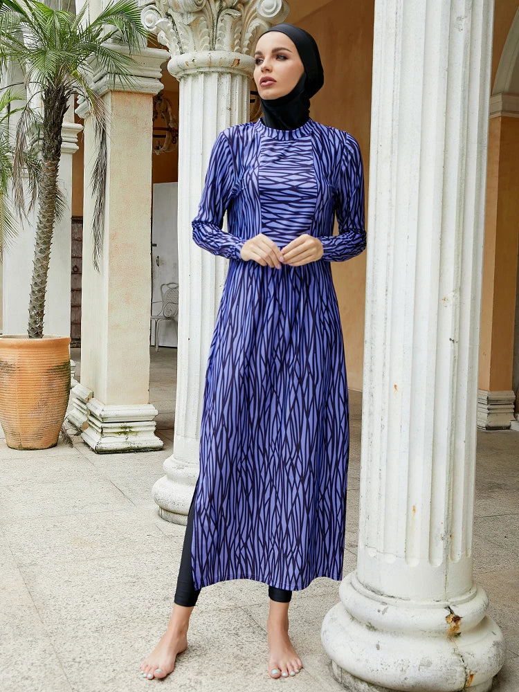 3 delar muslimsk burkini damerset blå blommigt tryck bantningskläder sexiga badkläder dam långärmade byxor rund halsringning