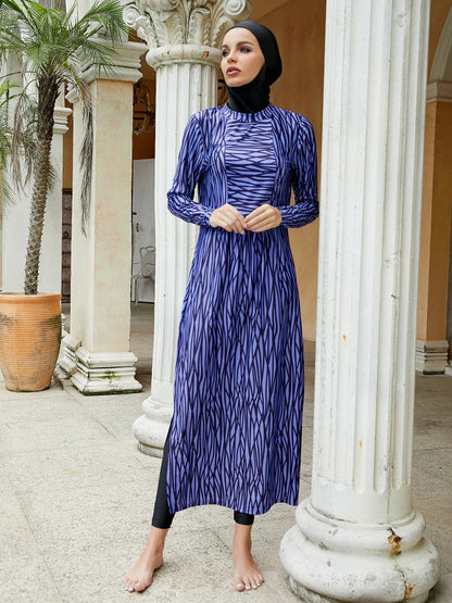 3 delar muslimsk burkini damerset blå blommigt tryck bantningskläder sexiga badkläder dam långärmade byxor rund halsringning