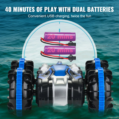 SucceBuy Blå/Gul Amfibisk RC Bil Båt 2.4GHz 12 km/h Elektrisk Fjärrkontroll 360° Roterande Stuntbil Vatten Strand Poolleksaker