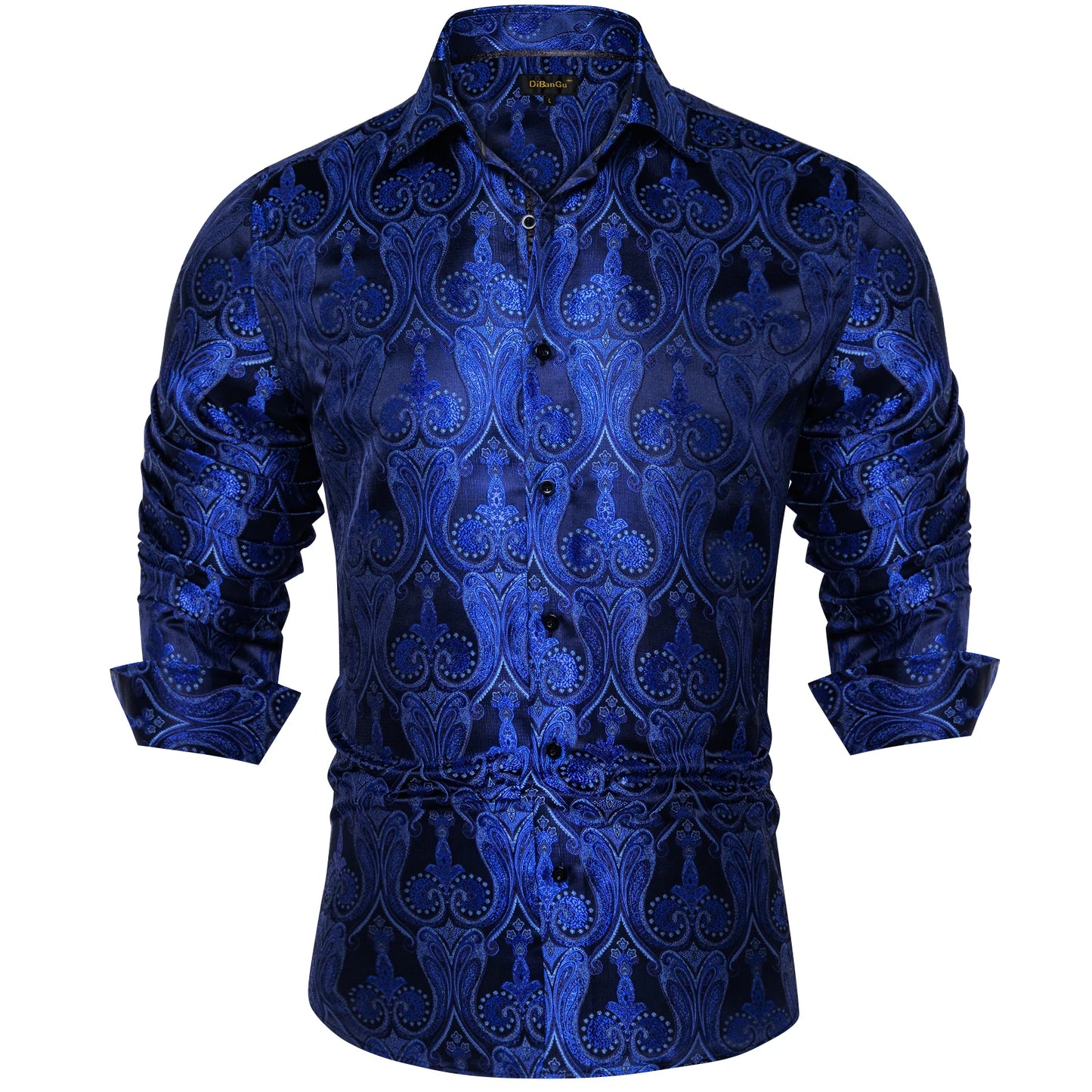 2026 Lyxig Herrskjorta Formell Bal Smoking Långärmad Siden Polyester Gyllene Färg Paisley Svarta Skjortor Blus Herrkläder
