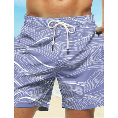 Böjda randiga badbyxor med grafisk design för män, moderiktiga 3D-tryck, korta byxor, sommarsemester, hawaiianska, dragsko, snabbtorkande boardshorts