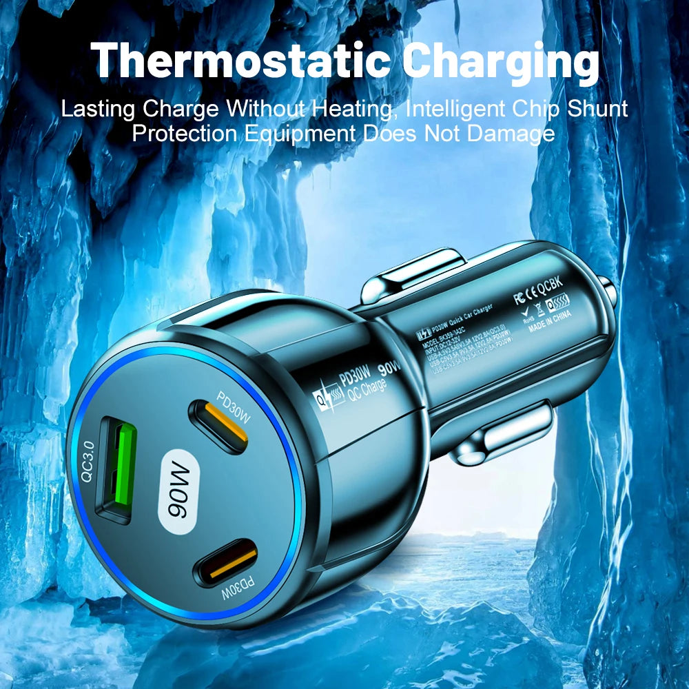 90W USB-billaddare 3-4 portar PD typ C snabbladdningsadapter för iPhone 14 13 Xiaomi Samsung snabbladdare i bilen