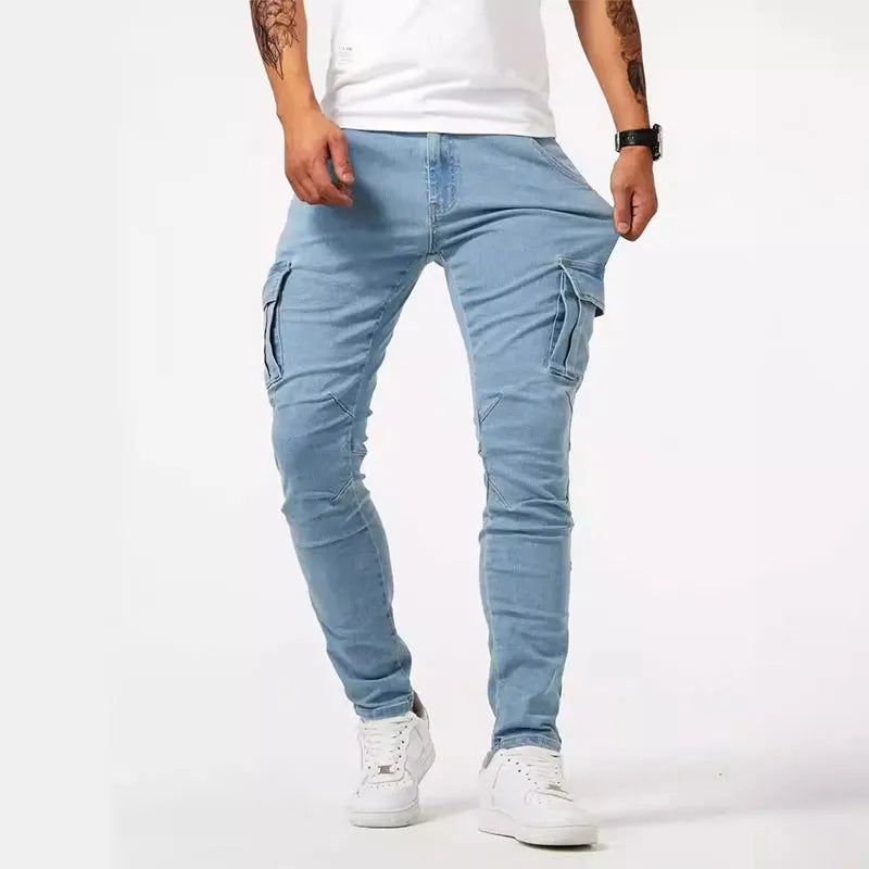 Herr Amerikanska Jeans Med Flerficksfickor Herr Nya Slim Fit Smala Ben Denimbyxor Dagligen Casual Mångsidiga Enfärgade Pennbyxor