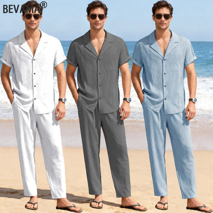 Herr Strand Linne Kortärmad Skjorta Byxor Set Sommar Casual Issiden Pikétröja Långbyxor 2-delat Set Trendigt Vardags Herrkostym