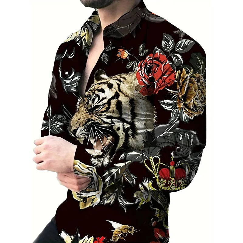 Långärmade skjortor med tigertryck för män, 3D-tryck med djurmotiv, casual skjorta med knappar, slim fit, plus size-skjorta
