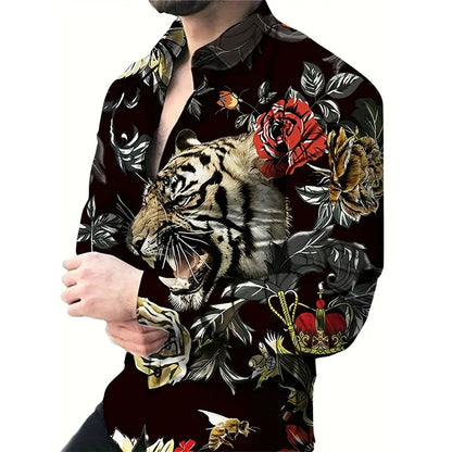 Långärmade skjortor med tigertryck för män, 3D-tryck med djurmotiv, casual skjorta med knappar, slim fit, plus size-skjorta