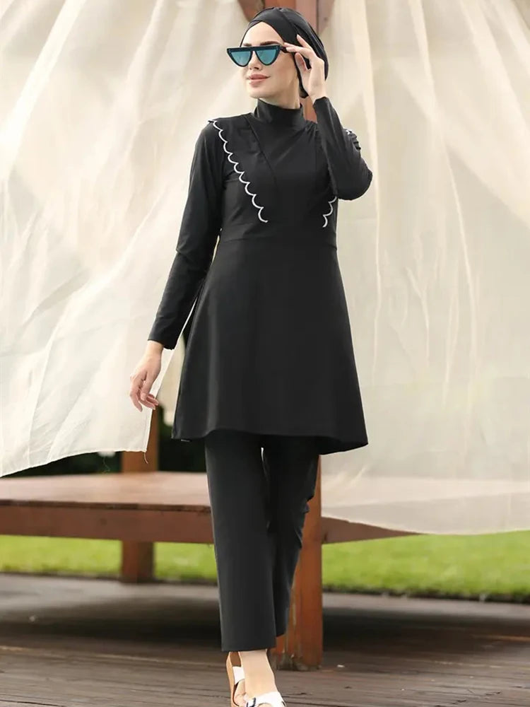 3 st Black Series Modest Burkini Femmes Muslimsk Baddräkt Badkläder Sommarstrand Dam Baddräkt Lotusbladskantdesign