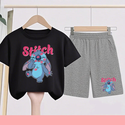 Disney Casual Children's Fashion Set T-shirt+ Shorts 2 Piece Stitch  Print  Boys Girls 3-12 Years Sports Coat Trend Party Sets