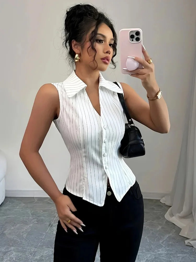 Blouse Women Vertical Stripes Collar V Neck Sleeveless Fitted Button Split Hem Sexy Office Commuter Spring Summer White Gray