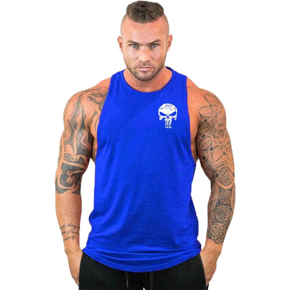 Ny het rea herrlinne med dödskalletryck, andningsbart linne, coolt linne, löpartröja i bomull, bodybuilding-linne, fitness-tröja, ärmlös