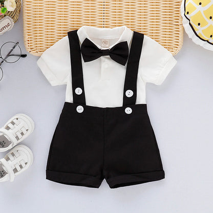 Mini Gentleman Outfit Nyfödd Baby Pojke Formella Dräkter Kortärmad Tröja Med Rosett + Sparkdräkt Korta Byxor Sommarmode 2 Delar Set