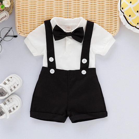 Mini Gentleman Outfit Nyfödd Baby Pojke Formella Dräkter Kortärmad Tröja Med Rosett + Sparkdräkt Korta Byxor Sommarmode 2 Delar Set