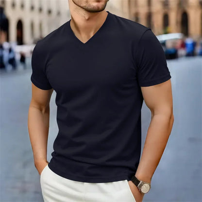 2025 Ny Herr Casual Mode Enkel V-ringad Kortärmad T-shirt Sommar Bekväm Andningsbar Mångsidig Topp