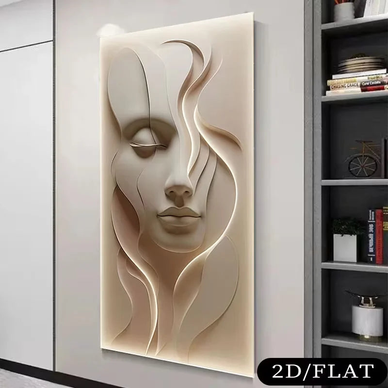 2D platt, 1 st stor ramlös modern abstrakt ansiktsmålning på canvas - texturerad 3D-illusion i mjuk rosa ton, lämplig för sovrum och
