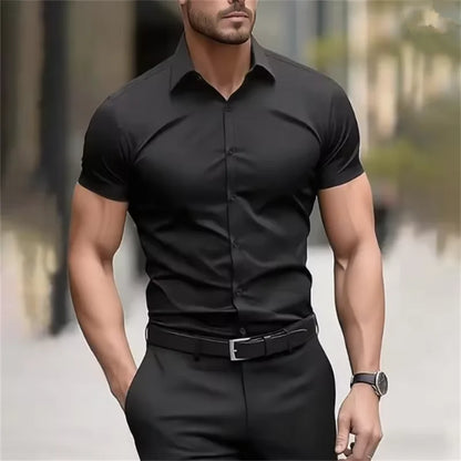 Herr Sommarskjorta för Business Kortärmad Stretchtyg Svart Utan Fickor Slim Fit Herrskjorta i Social Stil Hög Kvalitet 5XL