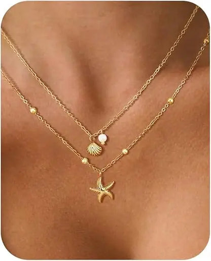 Halsband för kvinnor, 14k guldpläterat rostfritt stål, lager av sjöstjärna, snäckskal, pärlberlock, sommarstrandsmycken