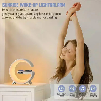 Trådlös laddningsstation Stereo Bluetooth-högtalare RGB Nattlampa Lampa Väckarklocka För Smartphone Snabb Trådlös Laddningsstation