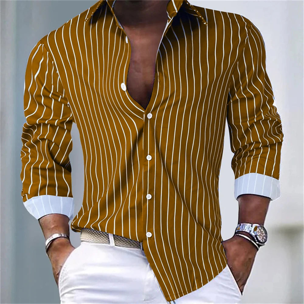 Herrlångärmade skjortor randiga skjortor mode högkvalitativa herrtoppar casual semester pendling snygga plus size-kläder